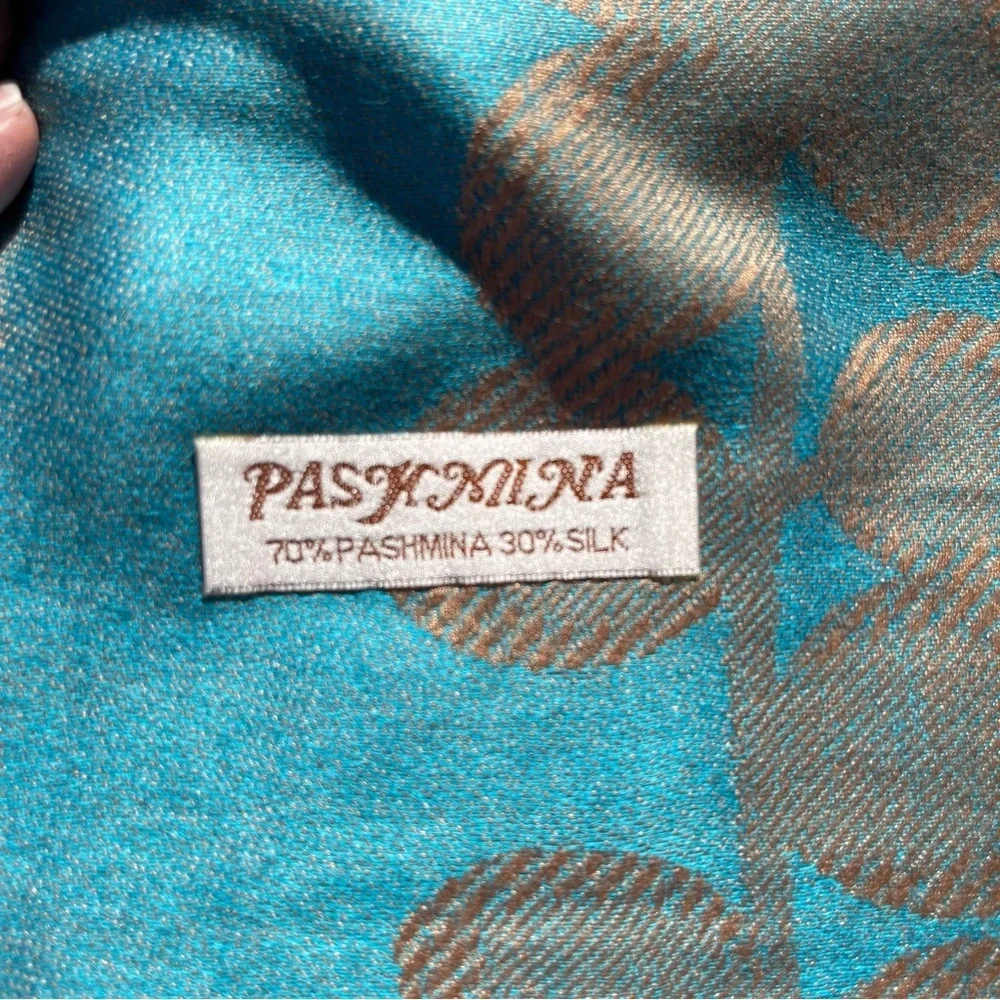 Pashmina Teal & Golden Tan Floral Scarf Wrap NWOT